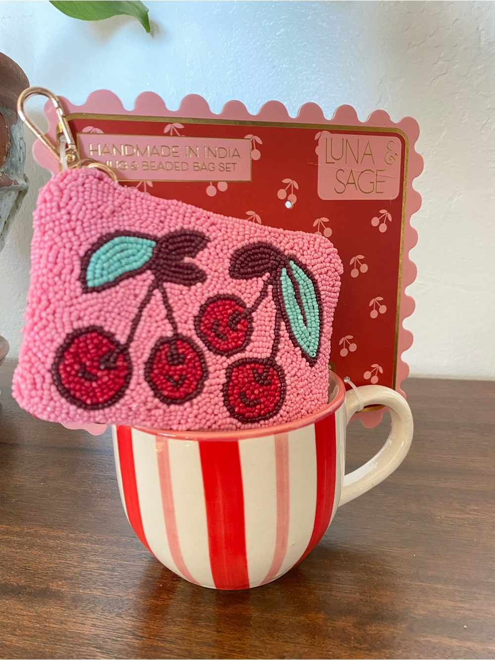 Luna & Sage Pink Beaded Cherry Coin Pouch with Mug